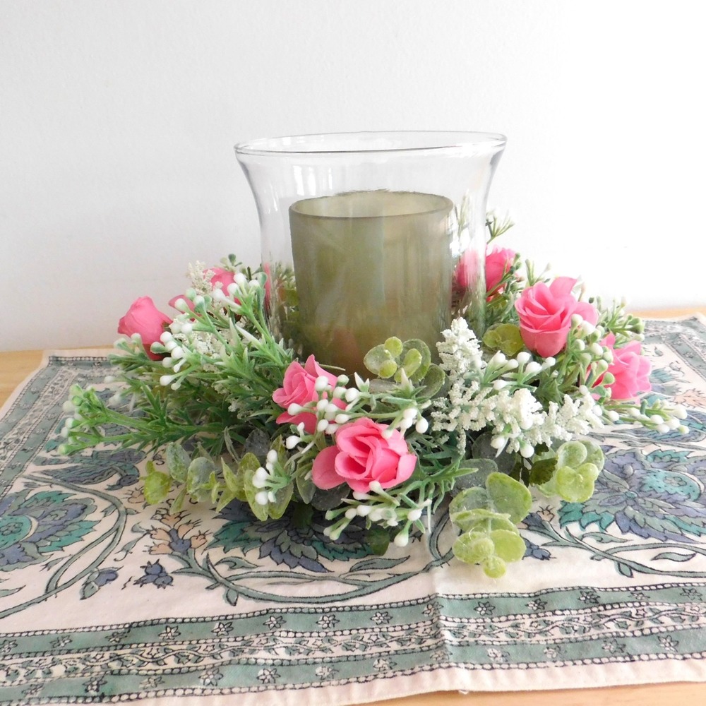 Dusty Miller Mini Wreath Eucalyptus Pink Roses Candle‎ Ring - Picture 7 of 7